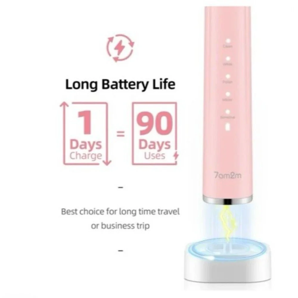 NEW 7AM2M Ultrasonic Electric Toothbrush Pink w/ 6 Brush Heads IPX7 Waterproof